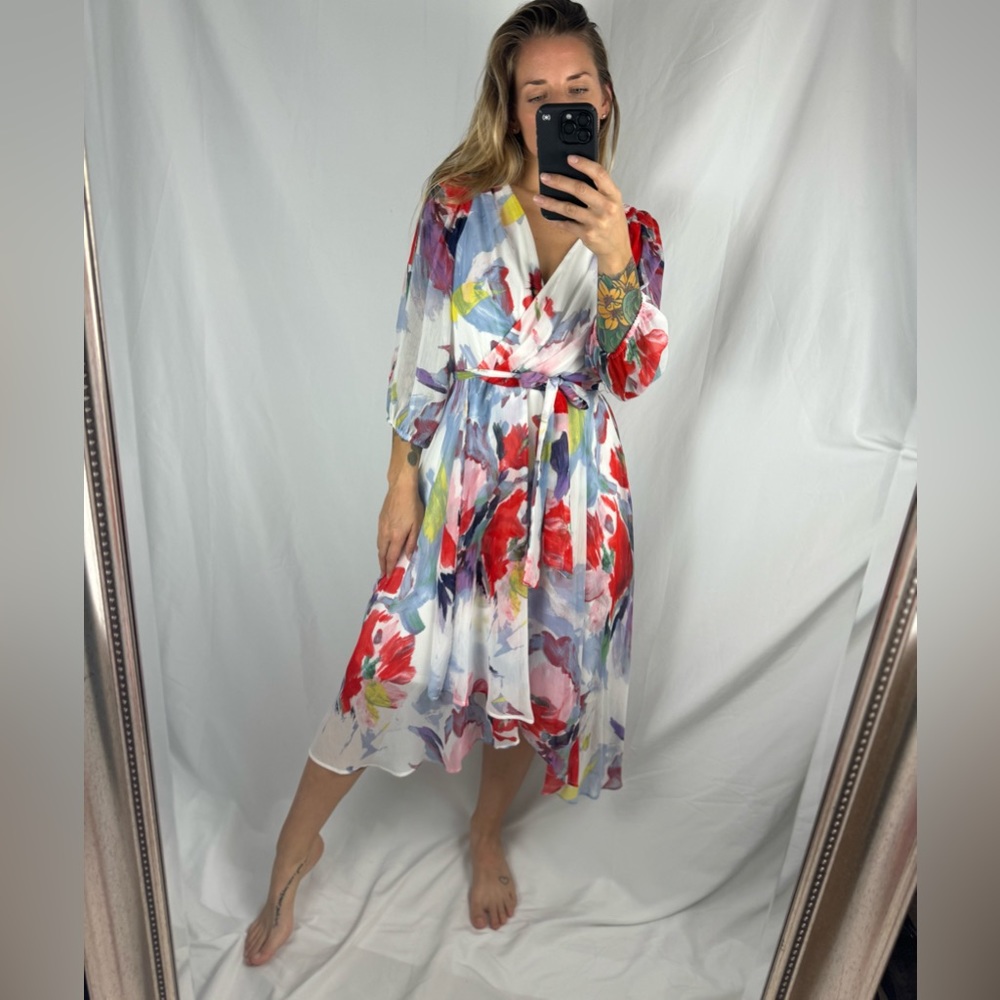 DKNY watercolor print, zip up back, wrap around dress